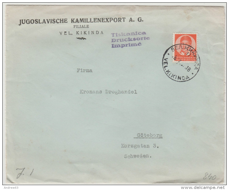 YUGOSLAVIA - YOUGOSLAVIE - Viaggiata Da Vel. Kikinda Per Goteborg - Storia Postale