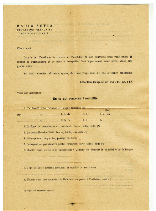 S87 Lettte Questionnaire De Reception De RADIO SOFIA Redaction Francaise SOFIA BULGARIE - Radio