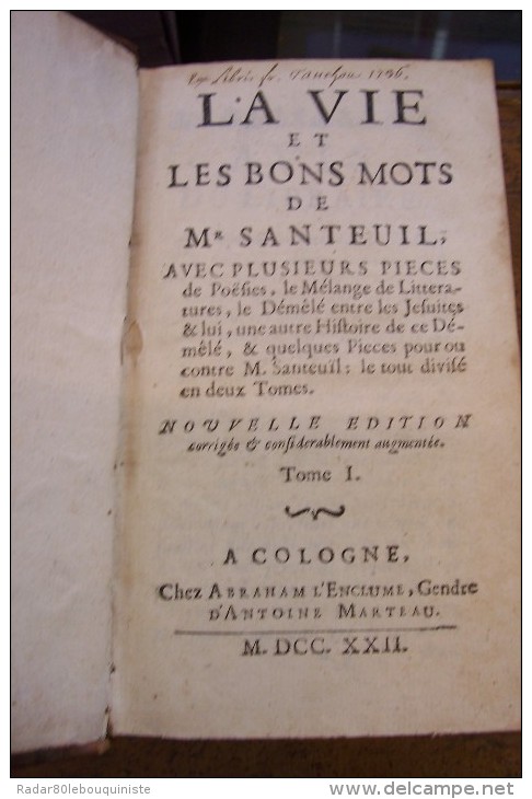 La Vie Et Les Bons Mots De Mr.Santeuil,avec Plusieurs Pièces De Poësies.2 Tomes En 1 Volume.avis [2 )252 Pp -188 Pp.1722 - 1701-1800