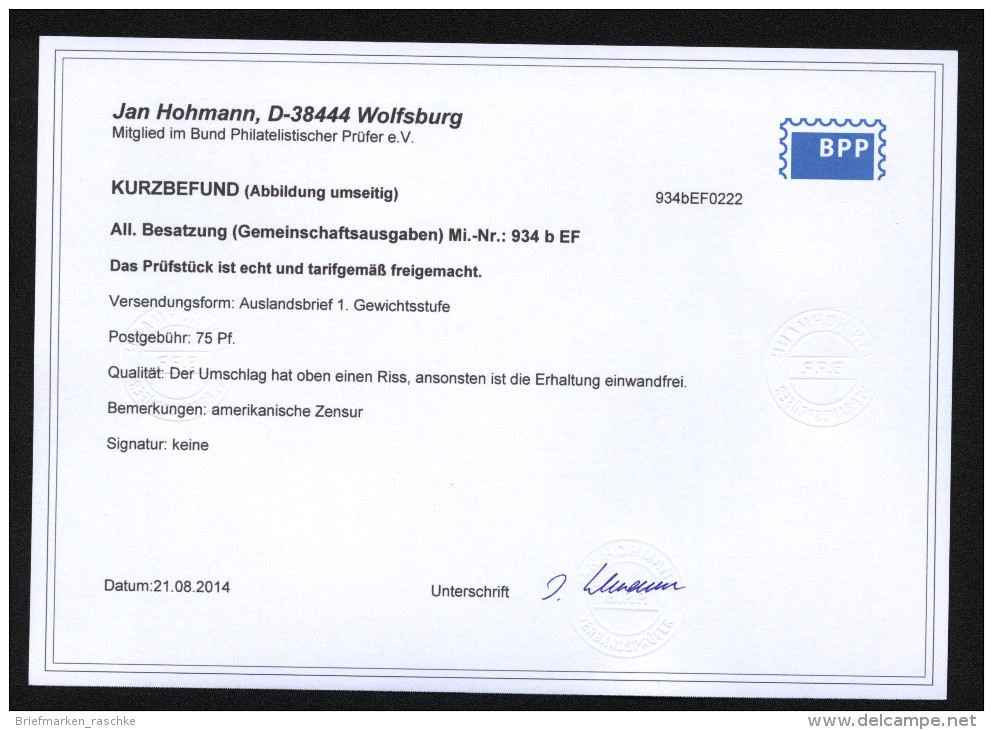 Kontrollrat,934b,EF,Befun D BPP (7221)  Preis Wurde Reduziert !! - Lettres & Documents