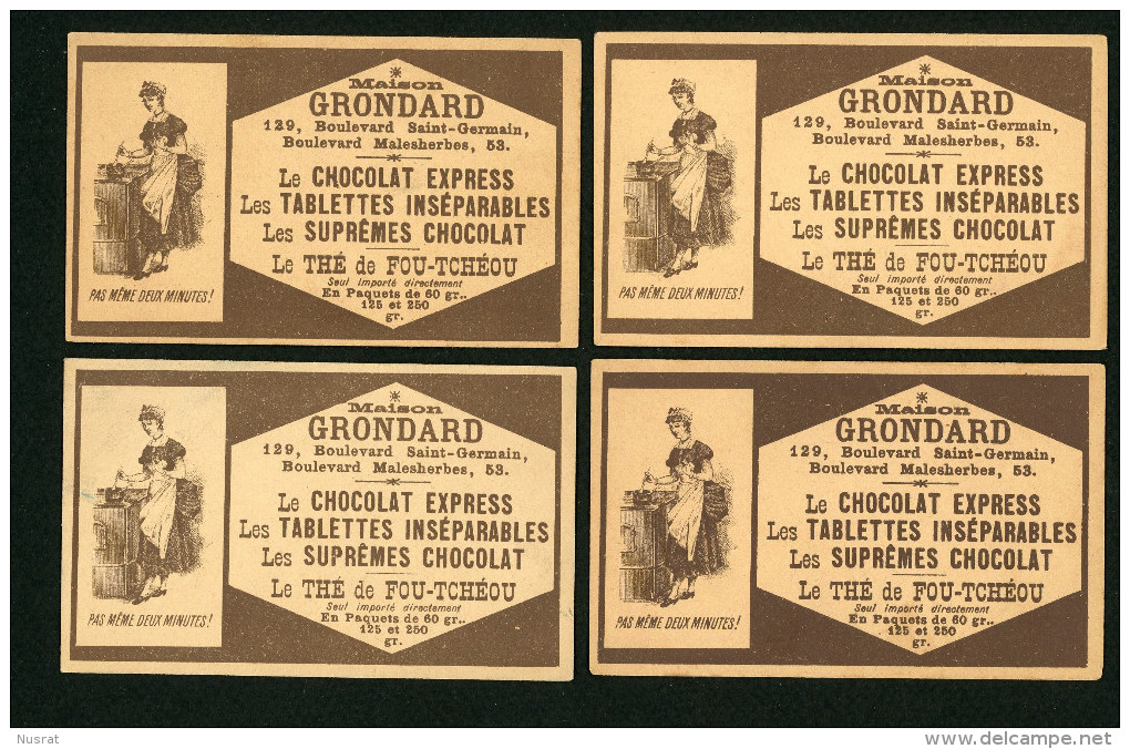 Chocolat Grondard, Lot De 4 Chromos Lith. J. Minot, Thème Personnages, Scènes De Genre, Humour - Other & Unclassified
