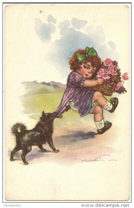 CASTELLI - Fillette Avec Fleurs Et Chien . - Castelli