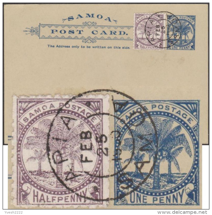 Samoa 1900. Carte, Entier Postal. Timbre « Palmiers » à 1 Penny, Timbre Similaire à ½ Penny Ajouté. Oblitération De Apia - Samoa