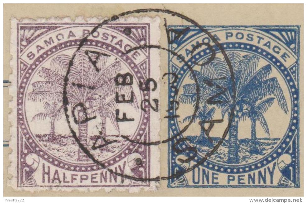 Samoa 1900. Carte, Entier Postal. Timbre « Palmiers » à 1 Penny, Timbre Similaire à ½ Penny Ajouté. Oblitération De Apia - Samoa