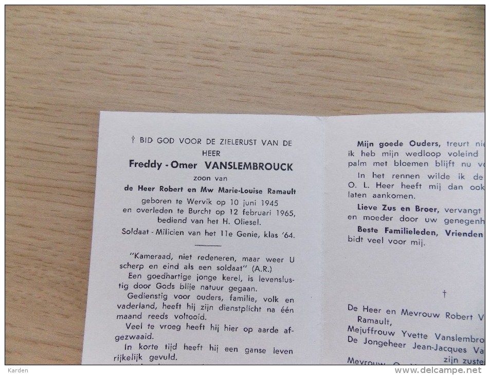 Doodsprentje Freddy Omer Vanslembrouck Wervik 10/6/1945 Burcht 12/2/1965 ( Z.v. Robert En Marie Louise Ramault ) - Godsdienst & Esoterisme