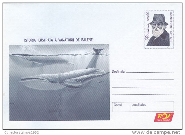 10- WHALES, WHALES HUNTING ILLUSTATED HISTORY, COVER STATIONERY, ENTIER POSTAL, 2004, ROMANIA - Baleines