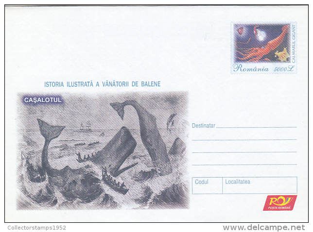 11- WHALES, WHALES HUNTING ILLUSTATED HISTORY, COVER STATIONERY, ENTIER POSTAL, 2004, ROMANIA - Baleines