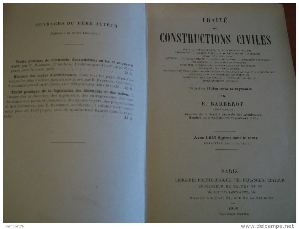 1900 TRAITÉ DE CONSTRUCTIONS CIVILES Barberot  Illustré - Décoration Intérieure