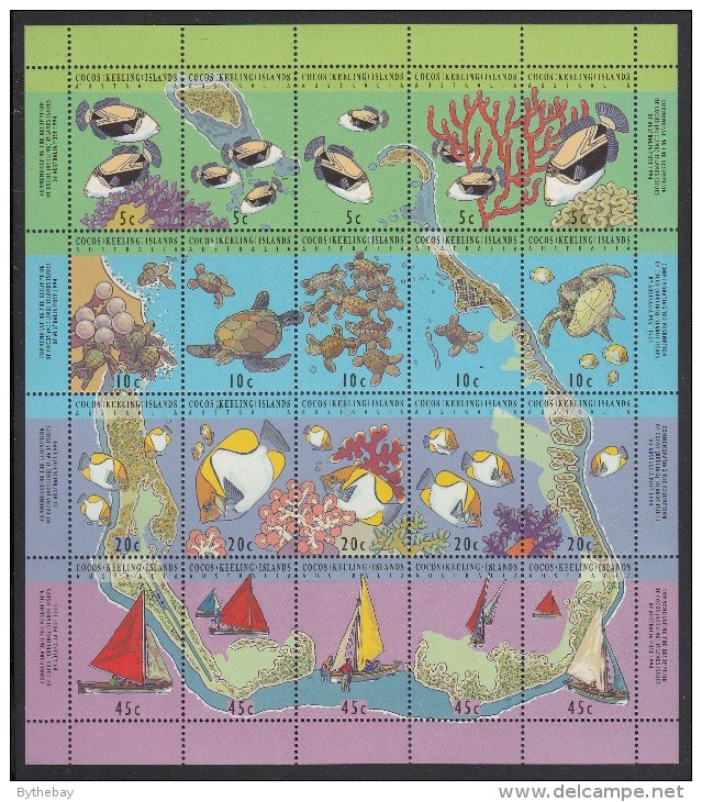 Cocos MNH Scott #292f Sheet Of 20 4 Strips Of 5 Each: Triggerfish, Turtles, Butterfly Fish, Sailboats - Cocos (Keeling) Islands