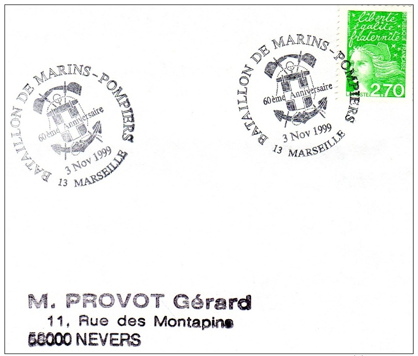 MARSEILLE, 13 : TàD 1999 Bataillon Des Marins-pompiers Marseille - 60e Anniversaire - Commemorative Postmarks