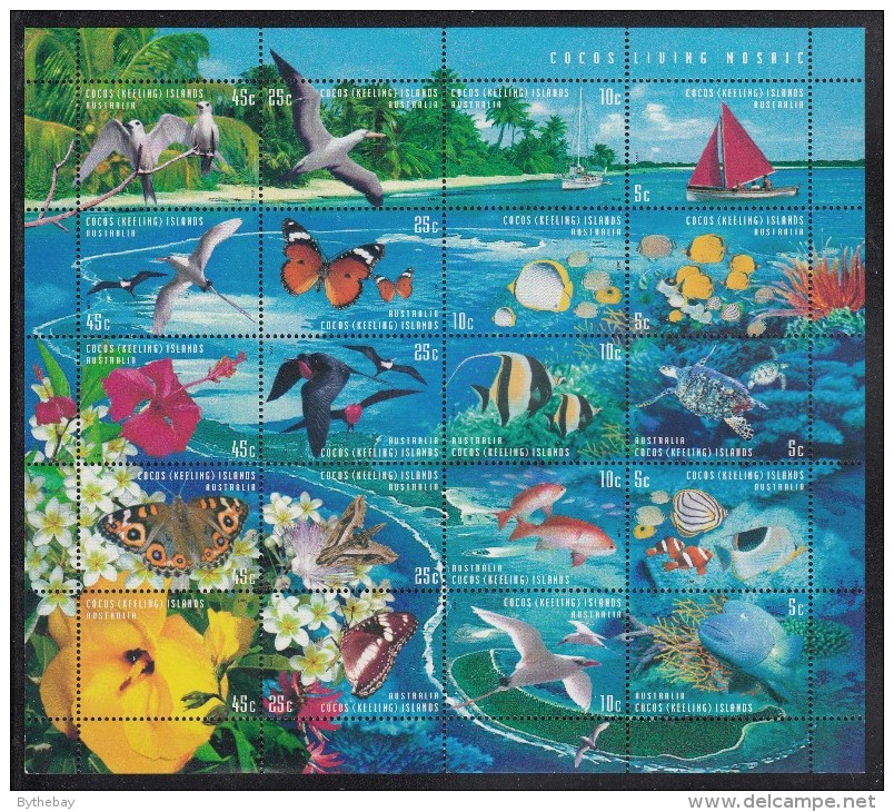 Cocos MNH Scott #331 Sheet Of 20 Flora And Fauna: Birds, Butterflies, Fish, Turtles - Cocos (Keeling) Islands