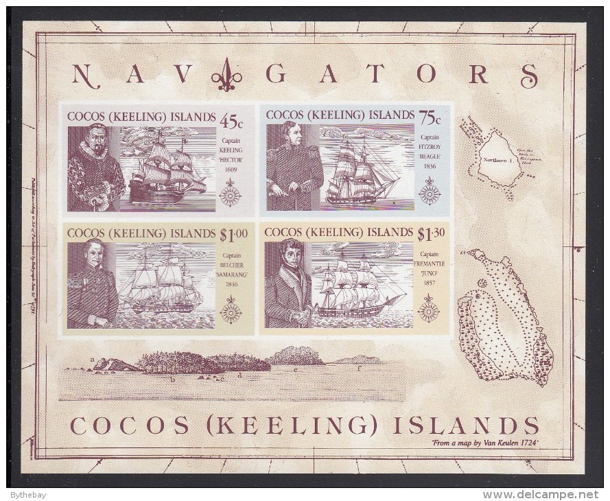 Cocos MNH Scott #221a Souvenir Sheet Of 4 Captains And Ships: Keeling, Fitzroy, Belcher, Fremantle - Cocos (Keeling) Islands