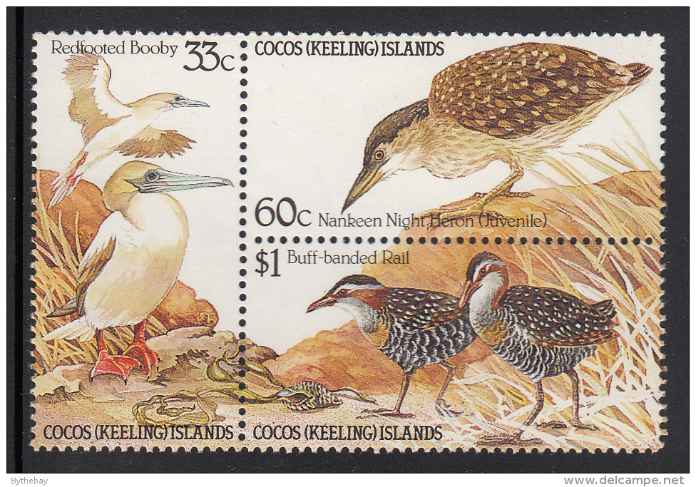 Cocos MNH Scott #134a Block Of 3 Booby, Heron, Rail - Birds - Creased - Cocos (Keeling) Islands