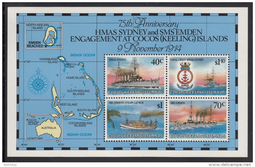 Cocos MNH Scott #210e Souvenir Sheet Of 4 75th Anniversary Naval Engagement HMAS Sydney, German Raider SMS Emden - Cocos (Keeling) Islands