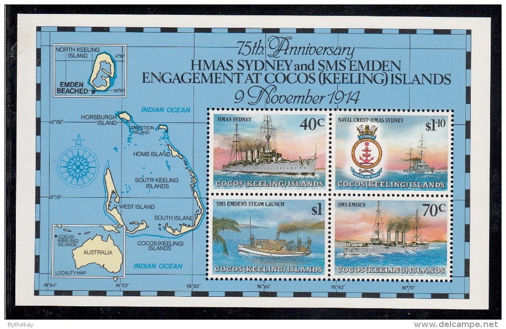 Cocos MNH Scott #210e Souvenir Sheet Of 4 75th Anniversary Naval Engagement HMAS Sydney, German Raider SMS Emden - 1. Weltkrieg