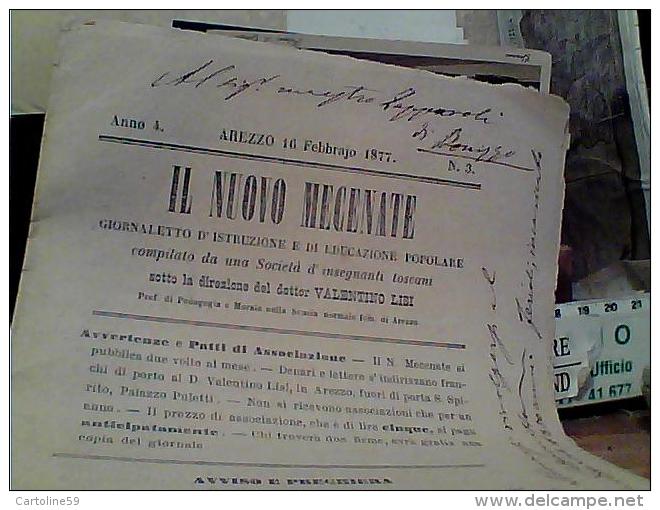 GIORNALETTO IL NUOVO MECENATE  DOTT V LISI  AREZZO X INSEGNANTI  EDUCAZIONE POPOLARE ANNO 4° 1877 N° 3 C8 - Libri Antichi