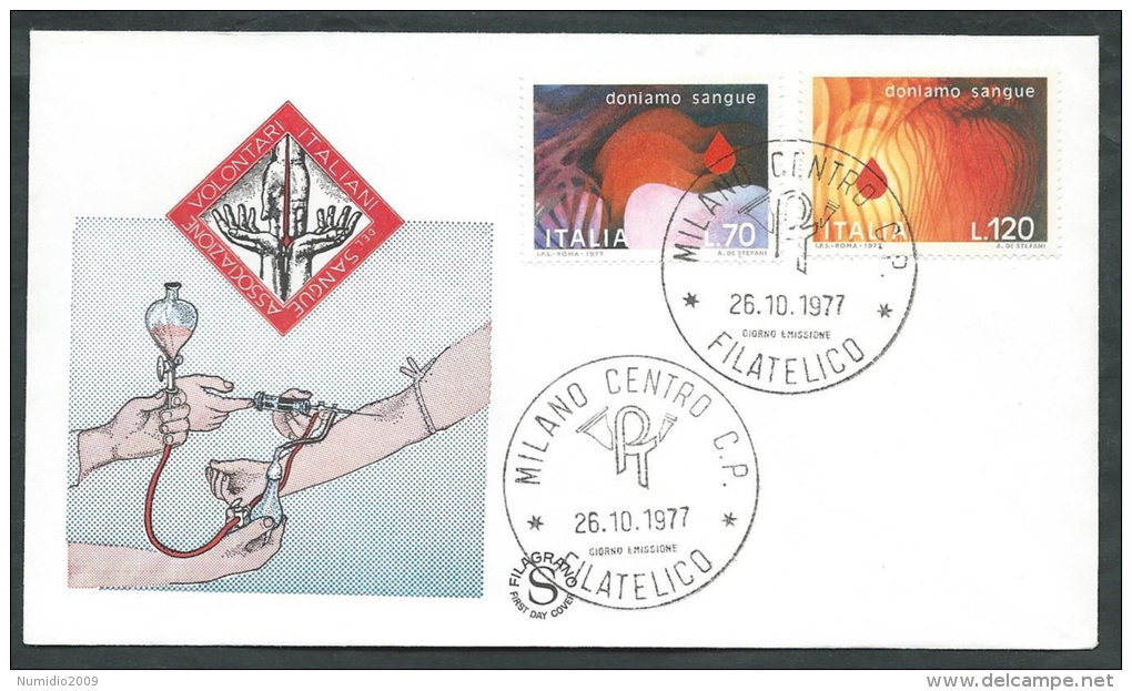 1977 ITALIA FDC FILAGRANO DONIAMO SANGUE NO TIMBRO ARRIVO - EDG11 - FDC