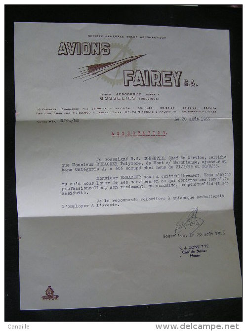 Lettre D´ Attestation - Avions Fairey S.A,Usines Aérodrome De Gosselies (Charleroi - Belgique) Date Le 20 Août 1955 .- - Druck & Papierwaren