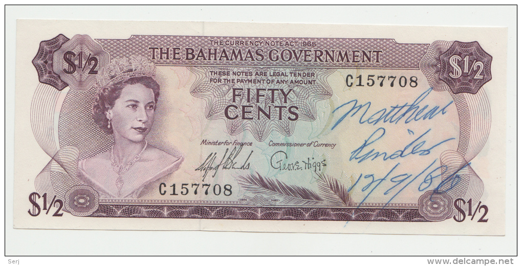 BAHAMAS 1/2 DOLLAR 1965 UNC (w/ Pen) PICK 17a  17 A - Bahama's