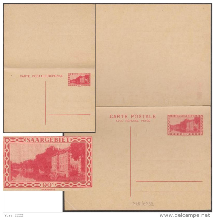 Sarre 1932. Carte Postale Avec Réponse Payée, Timbrée 90 C X 2. Carton Jaune. Caserne De Saarlouis - Postal Stationery