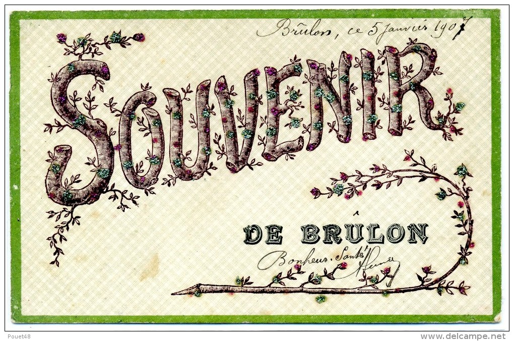 72 - SOUVENIR De BRULON - Carte Avec Brillants - Brulon