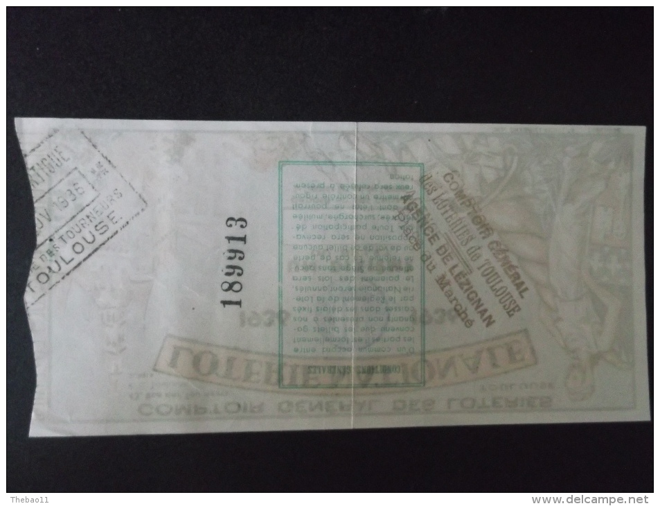 BILLET DE LOTERIE NATIONALE 1936 Dixième Tranche - Billets De Loterie