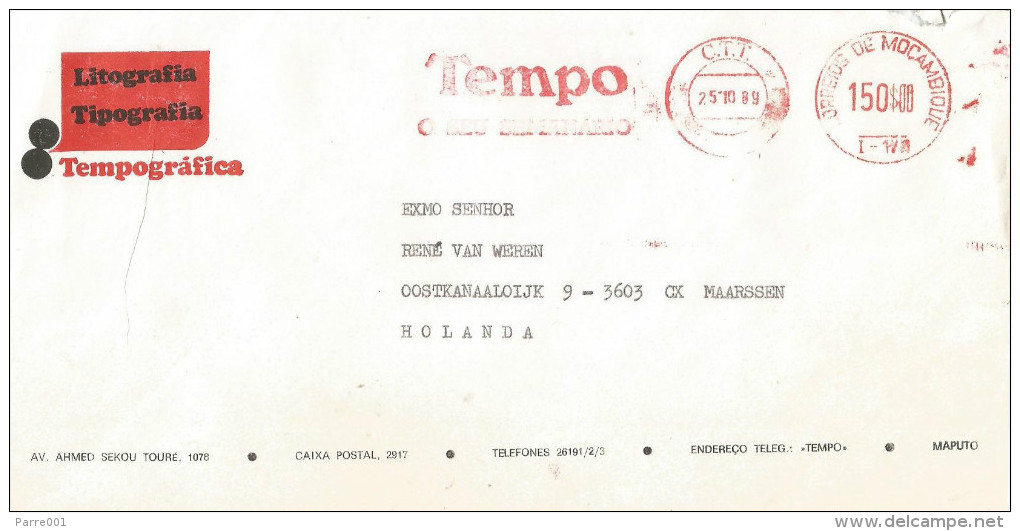 Mozambique 1989 Maputo Francotyp “Cc/Ccm” I-170 Meter Franking EMA Cover. Rare From Newspaper Company - Mozambique