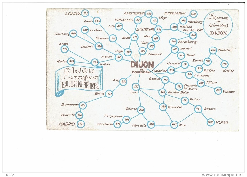 21 En Bourgogne - La Cloche Le Grand Hotel Dijon - Direction Gorges Carrefour Européen Distances Km Carte Géographique - Dijon