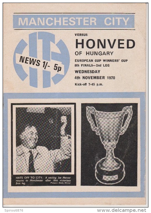 Official Football Programme MANCHESTER CITY - HONVED BUDAPEST European Cup Winners Cup 1970 RARE - Habillement, Souvenirs & Autres