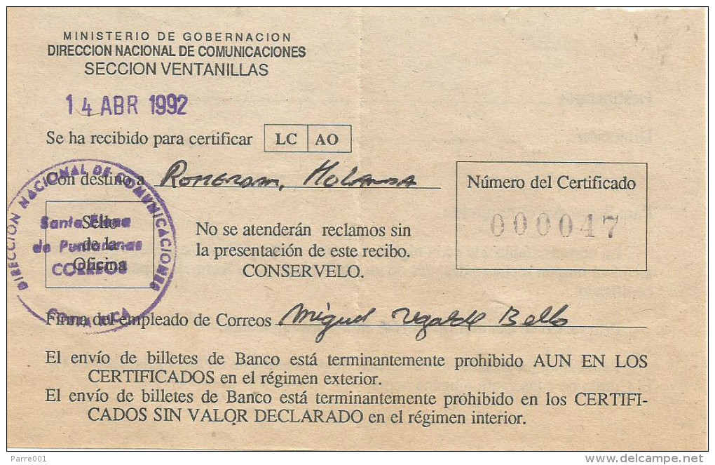 Costa Rica 1992 Santa Elena Cooperation With Liechtenstein Communication Registered Cover With Registration Slip - Costa Rica