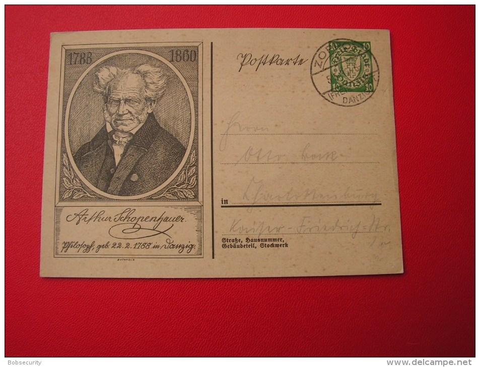 == Danzig Karte , Schoppenhauer , Zoppot Stempel  1936  Bug Mitte !!  Not Perfect - Enteros Postales