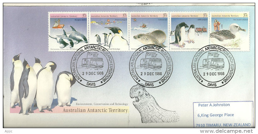 Faune De L´Antarctique (phoques,dauphins,penguin Empereur,penguin Adelie,albatros,etc) Beau FDC De La Base Davis 1988 - Onderzoeksstations