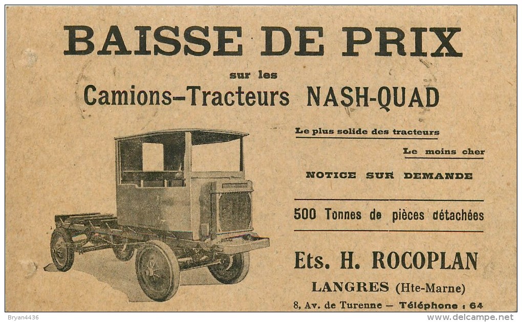 52 - Langres -cpa Pub Ancienne Des Ets. H. Rocoplan - ** Camions-tracteurs Nash-Quad ** - Cpa - Voir 2 Scans - Other & Unclassified