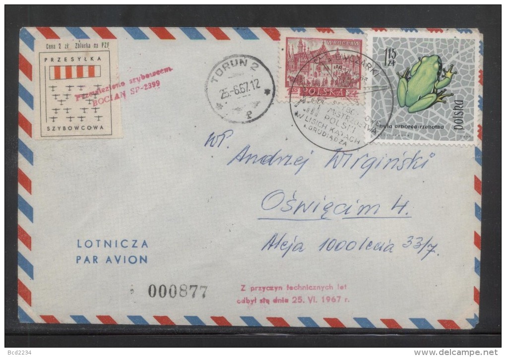 POLAND 1967 13TH NATIONAL GLIDING CHAMPIONSHIPS GLIDER FLOWN COVER CINDERELLA STAMP FLIGHT AIRPLANE AIRCRAFT - Gliders