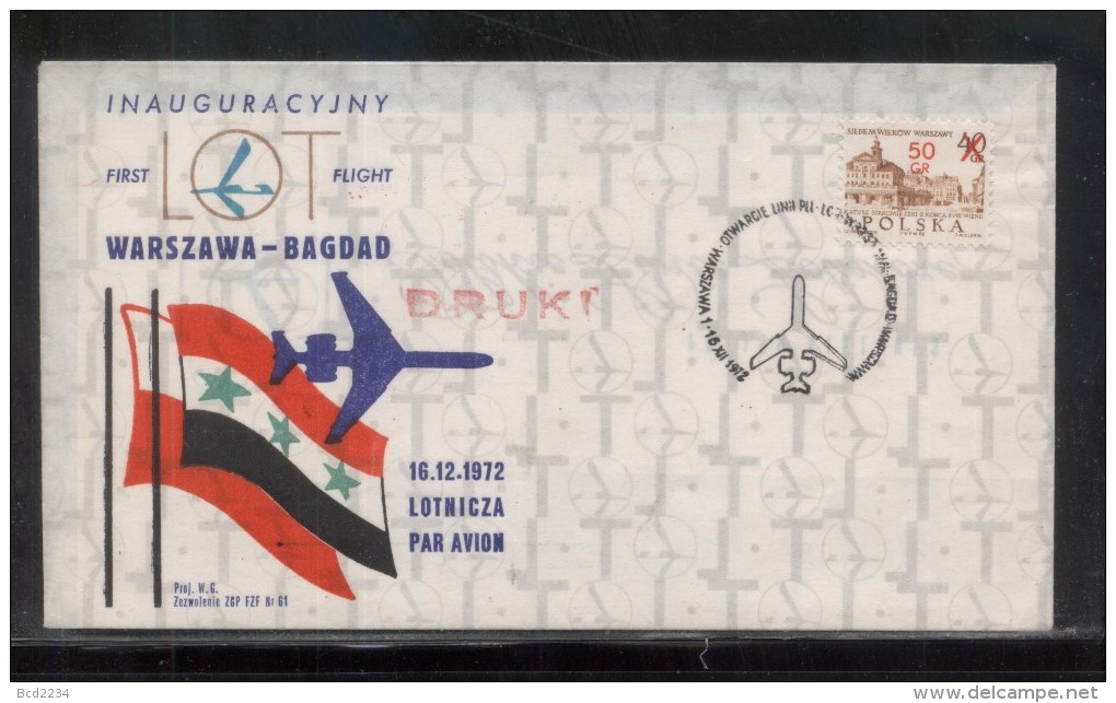 POLAND 1972 FIRST FLIGHT COVER PLL LOT WARSAW TO BAGHDAD IRAQ AIRPLANE AIRCRAFT PLANE - Flugzeuge