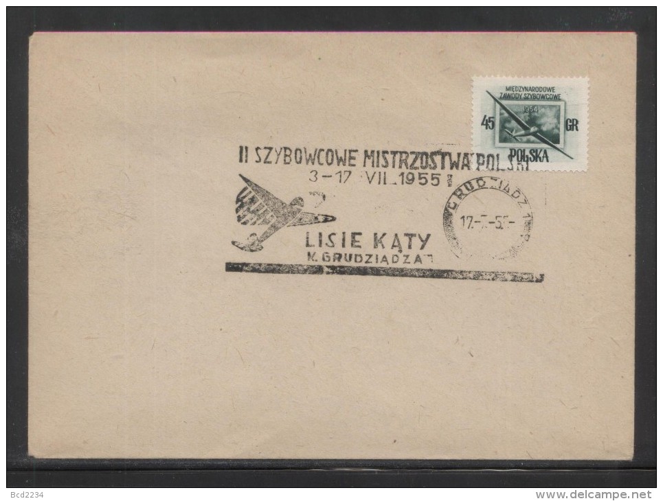 POLAND 1955 2ND NATIONAL GLIDING CHAMPIONSHIPS COMM CANCEL ON COVER LISIE KATY NEAR GRUDZIADZ GLIDER AIRPLANE AIRCRAFT - Planeadores