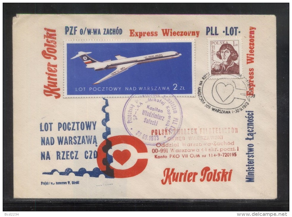 POLAND 1973 POSTAL FLIGHT ON LOT´S COPERNICUS PLANE Astronomy Astronomer COVER TYPE 4 - Avions