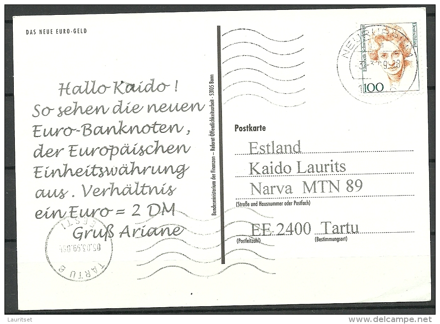 Deutsche Postkarte 20 EUR Bank Note 1999 Nach Estland Gesendet - Monete (rappresentazioni)