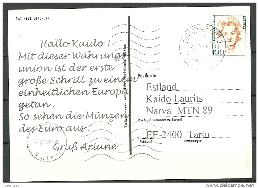 Deutsche Postkarte Euro Coins 1999 Nach Estland Gesendet - Munten (afbeeldingen)