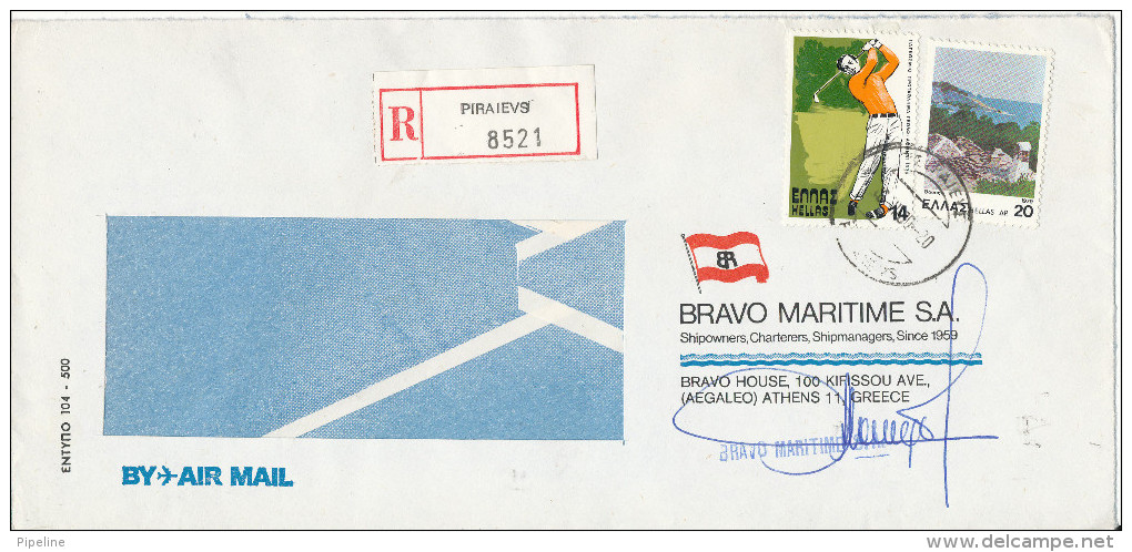 Greece Registered Air Mail Cover Sent To Denmark Piraieus 7-3-1980 Topic Stamp GOLF - Covers & Documents