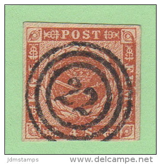DEN #4  Royal Emblems  4 Margins, "22" (Grenaae) In Concentric Circles, W/lt Stn On B - Used Stamps