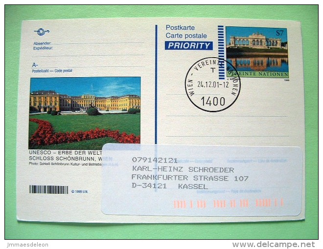 United Nations Vienna 2001 Pre Paid Postcard To Germany - Schonbrunn Palace World Heritage - Briefe U. Dokumente