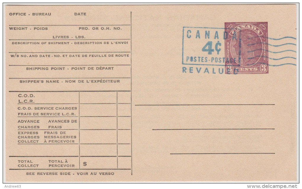 CANADA - CANADIAN NATIONAL EXPRESS - Notice Post Office Card - 3c REVALUED 4c - 1903-1954 Reyes