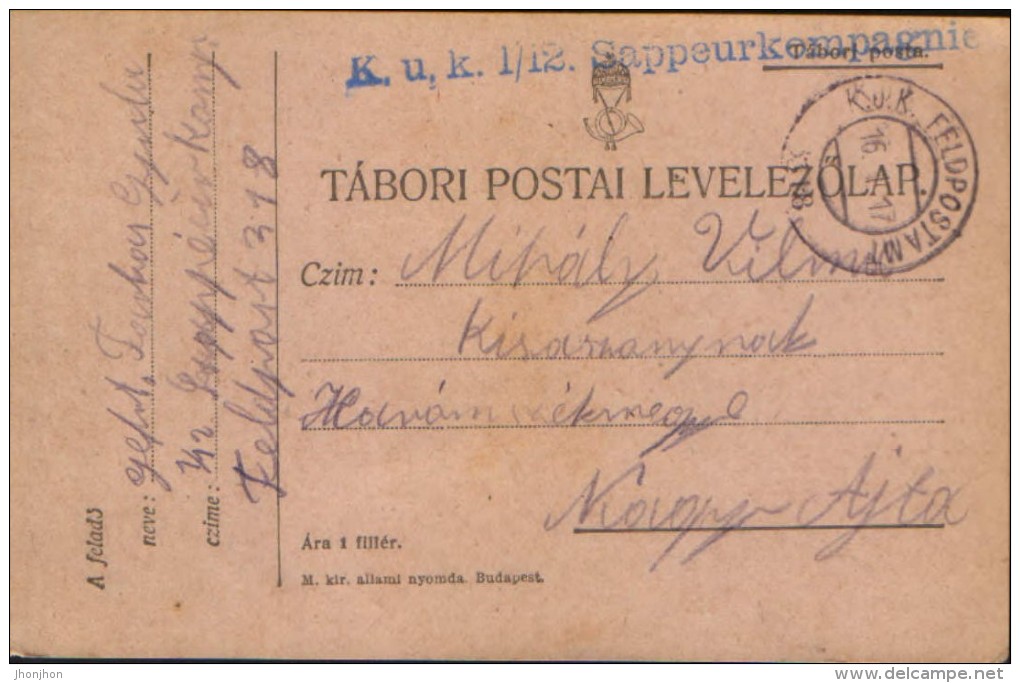 Hungary - Postcard - Tabori Postai Levelezolap Circulated In 1917, K.u.K. Sappeurkompagnie And Consored - Cartas & Documentos