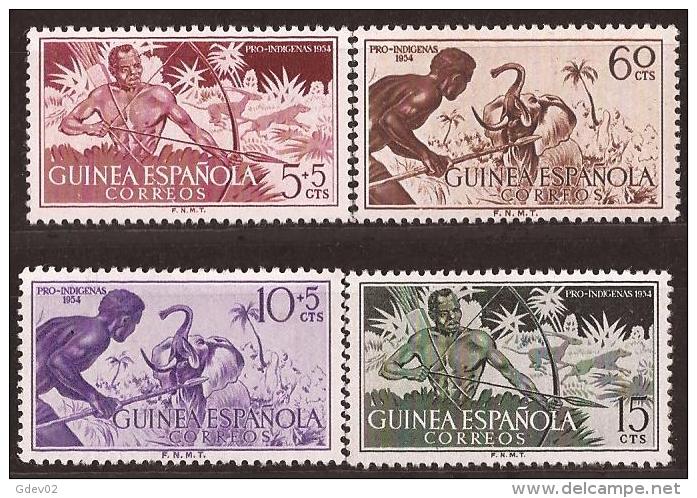 GUI334SCSF-L4214 TANMIFELE.Guinea Guinee GUINEA ESPAÑOLA  PRO INDIGENAS.CAZADORES.1954. ( Ed 334/37**) Sin Charnela LUJO - Elefantes