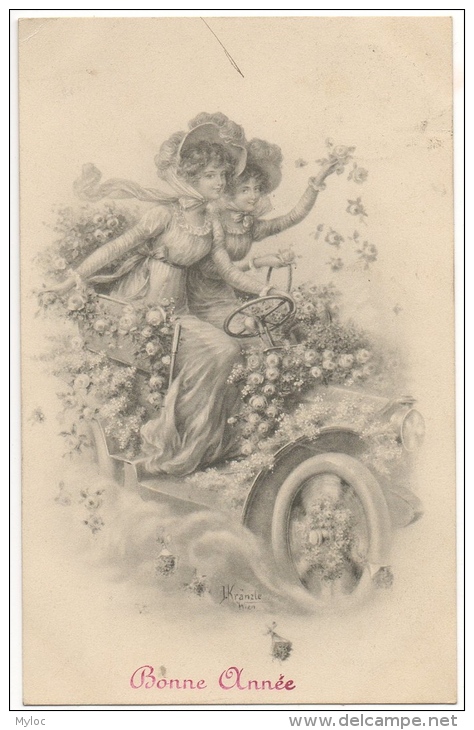 Illustrateur. Kranzle. Wien. Femmes &amp; Automobile. Roses. Bonne Année. - Kraenzle