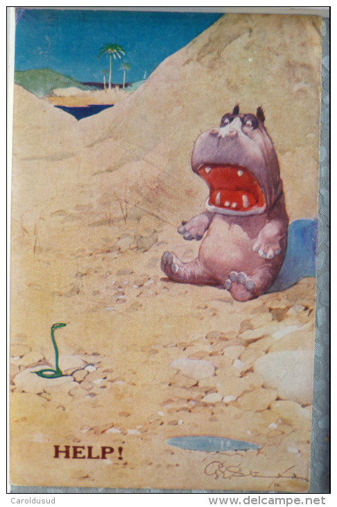 CPA Litho Illustrateur MACK Signé Bébé Hippopotame Humanisé Peur Serpent Help Voyagé 1916 TIMBRE Anglais Flamme Penzance - Hippopotamuses