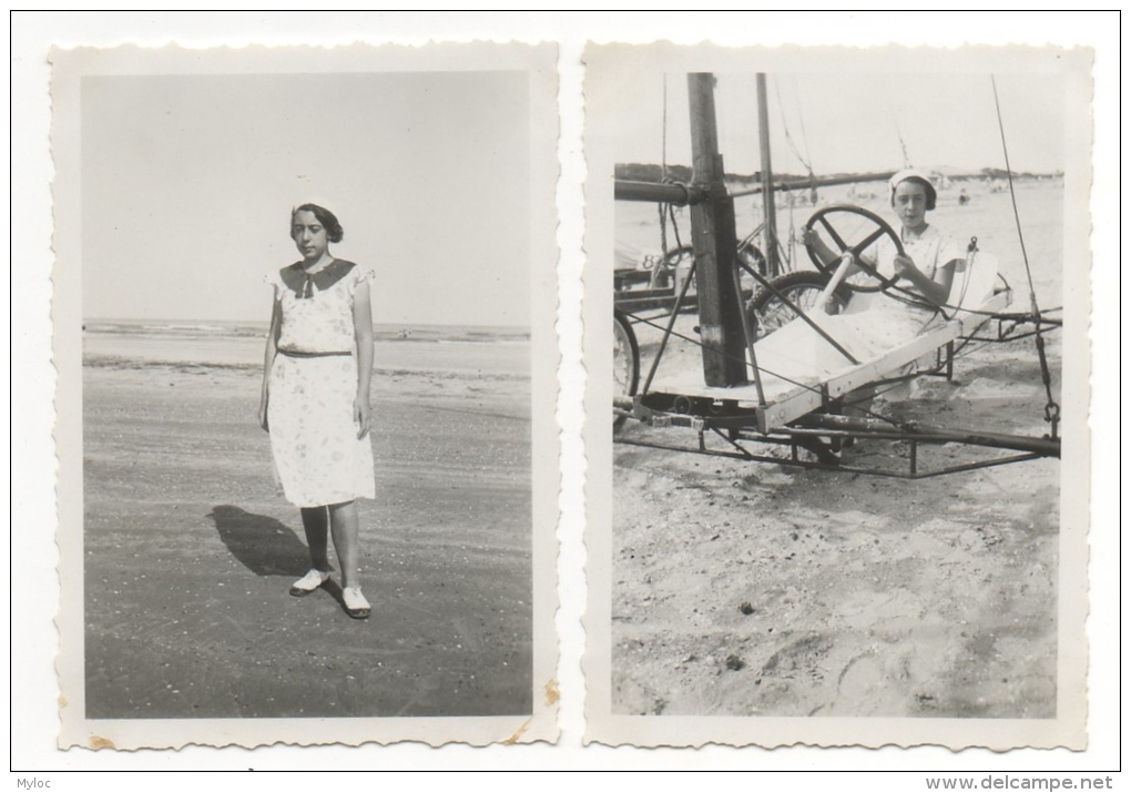 Foto/Photo. De Panne/La Panne. Char à Voile Et Jeune Femme à La Plage. Lot De 2 Photos. - Personnes Anonymes