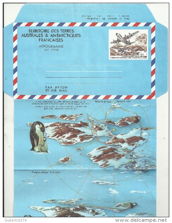 ANTARTICA TAAF - AEROGRAMME NEUF FR.5.70 INAUGURATION PISTE TERRE ADELIE DUMONT D'URVILLE AVEC MANCHOT ET BEBE - PARFAIT - Enteros Postales