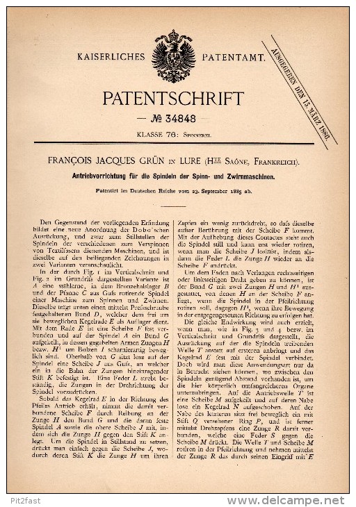 Original Patent - F.J. Grün Dans Lure , Haute Saone , 1885 , Entraînement Pour Machine à Filer , Spinning !!! - Lure